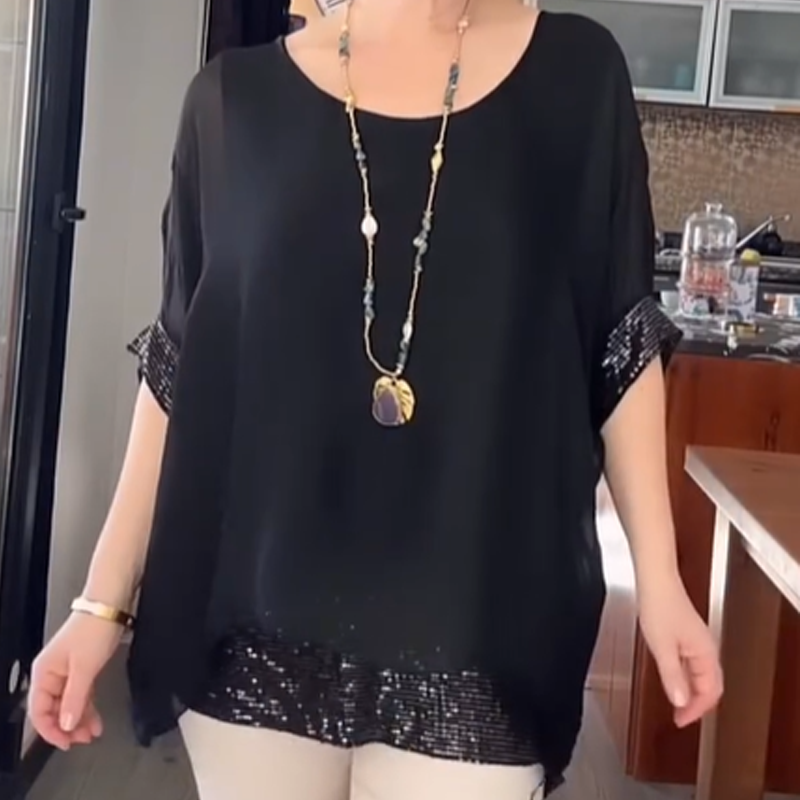 ✨🤩 Bluză casual pentru femei, cu guler rotund și inserții din dantelă ✨-8