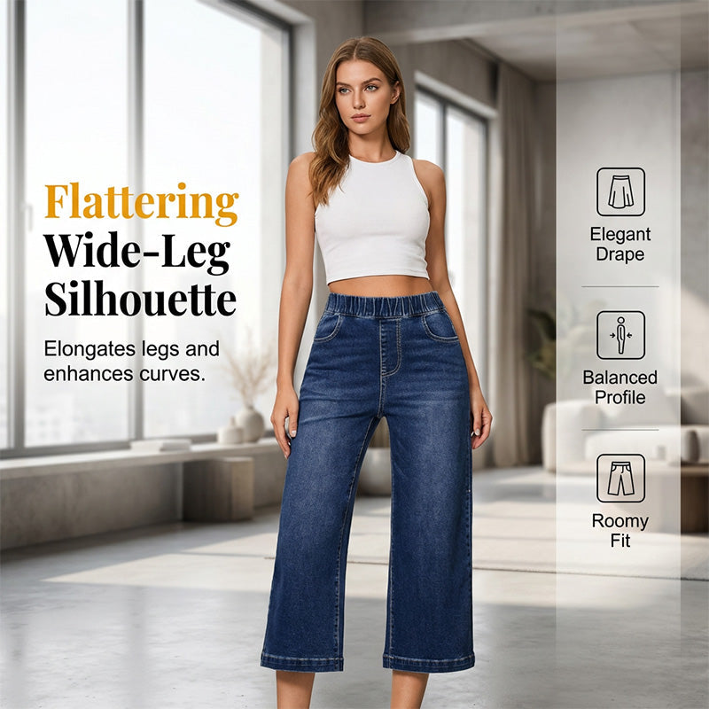 Blugi din denim pentru femei, cu talie elastică, croi larg și lungime scurtă