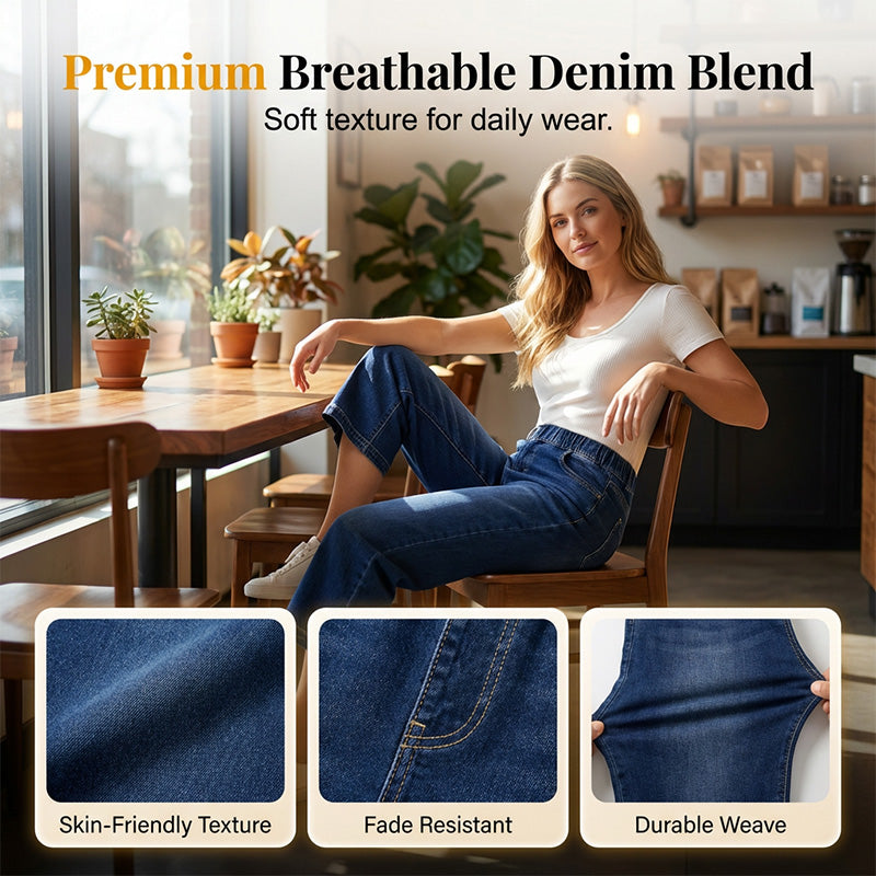 Blugi din denim pentru femei, cu talie elastică, croi larg și lungime scurtă-1