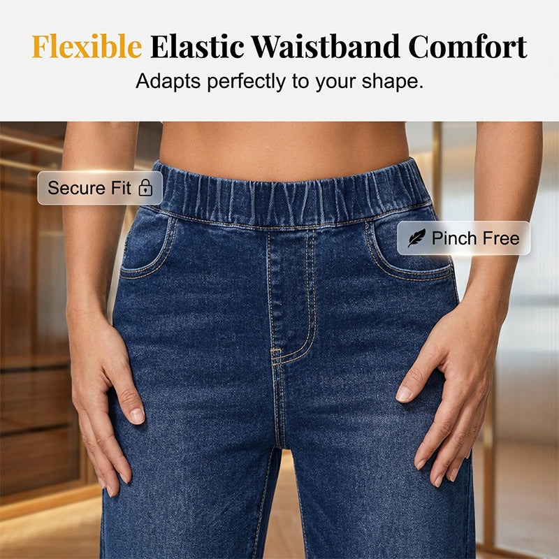 Blugi din denim pentru femei, cu talie elastică, croi larg și lungime scurtă-5