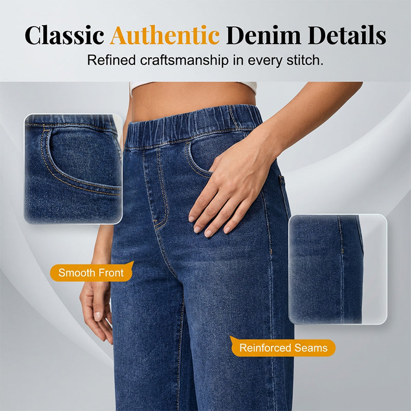 Blugi din denim pentru femei, cu talie elastică, croi larg și lungime scurtă-4