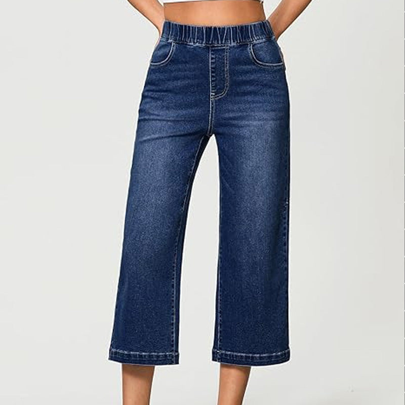 Blugi din denim pentru femei, cu talie elastică, croi larg și lungime scurtă-8