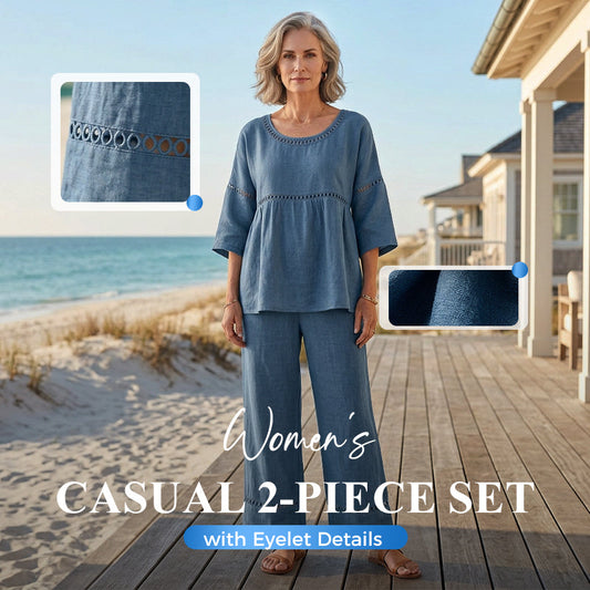 Set de două piese din bumbac și in, pentru femei, în stil casual