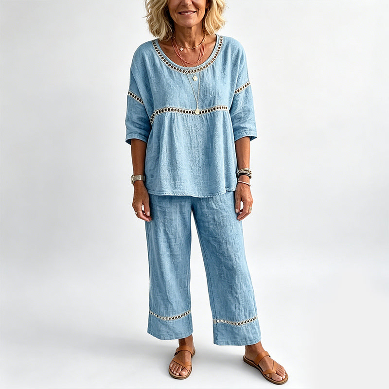 Set de două piese din bumbac și in, pentru femei, în stil casual-2