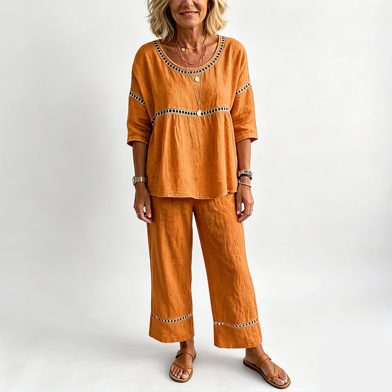 Set de două piese din bumbac și in, pentru femei, în stil casual-4