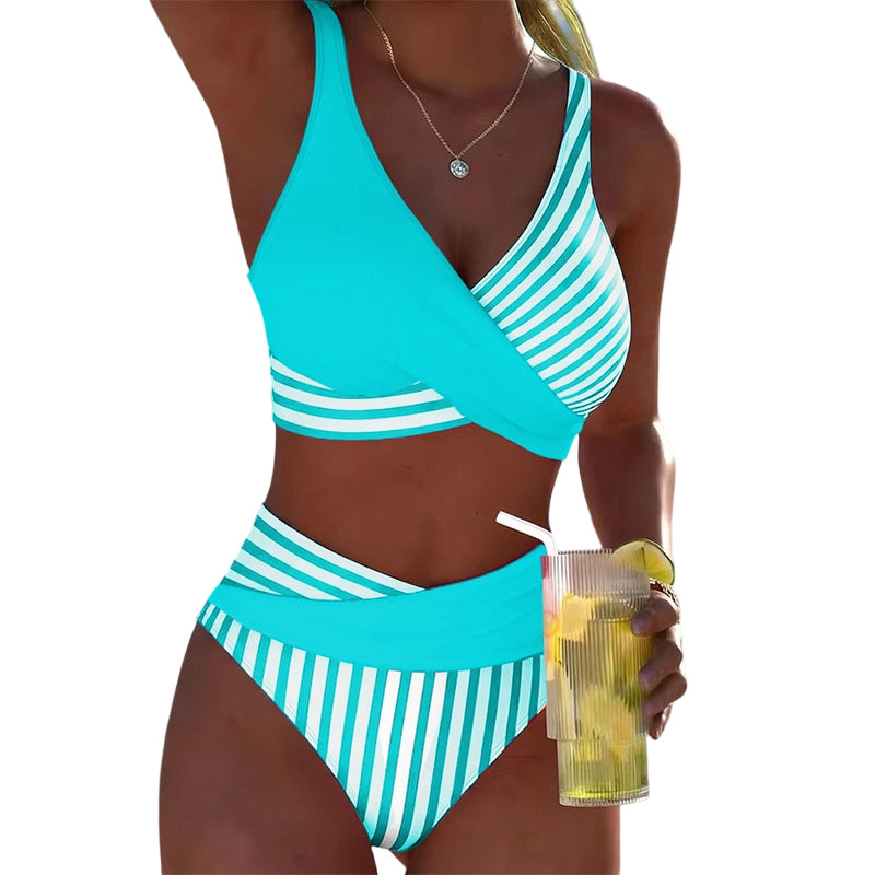 Costum de baie bikini în două piese, cu blocuri de culoare și dungi-18