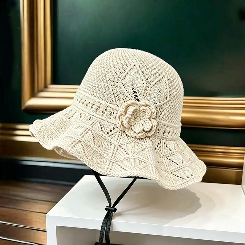 👒O pălărie elegantă cu flori împletite, pentru protecție solară🌸-1