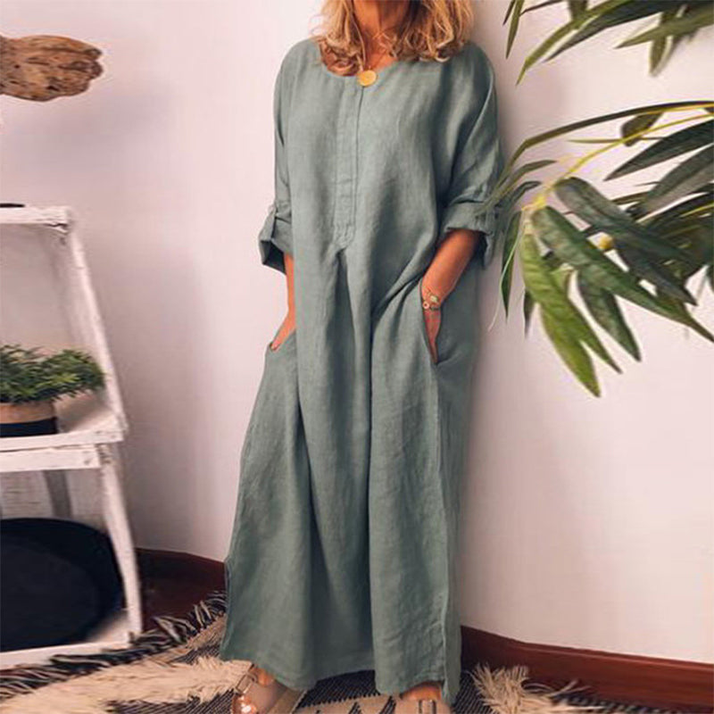 Rochie maxi lejeră din bumbac și in, pentru femei-13