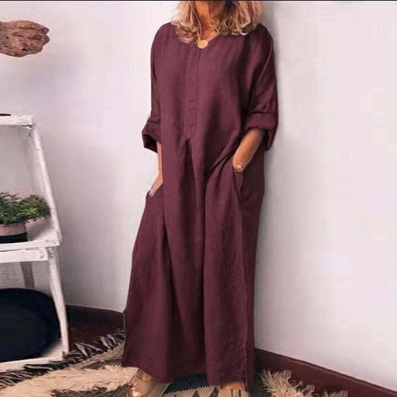 Rochie maxi lejeră din bumbac și in, pentru femei-11