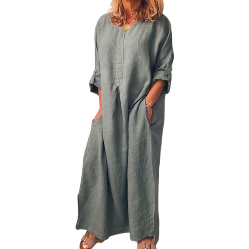 Rochie maxi lejeră din bumbac și in, pentru femei-17