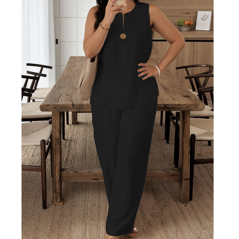 🌿 Set de damă din două piese: maiou fără mâneci + pantaloni cu croi larg-13