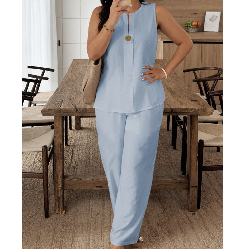 🌿 Set de damă din două piese: maiou fără mâneci + pantaloni cu croi larg-4