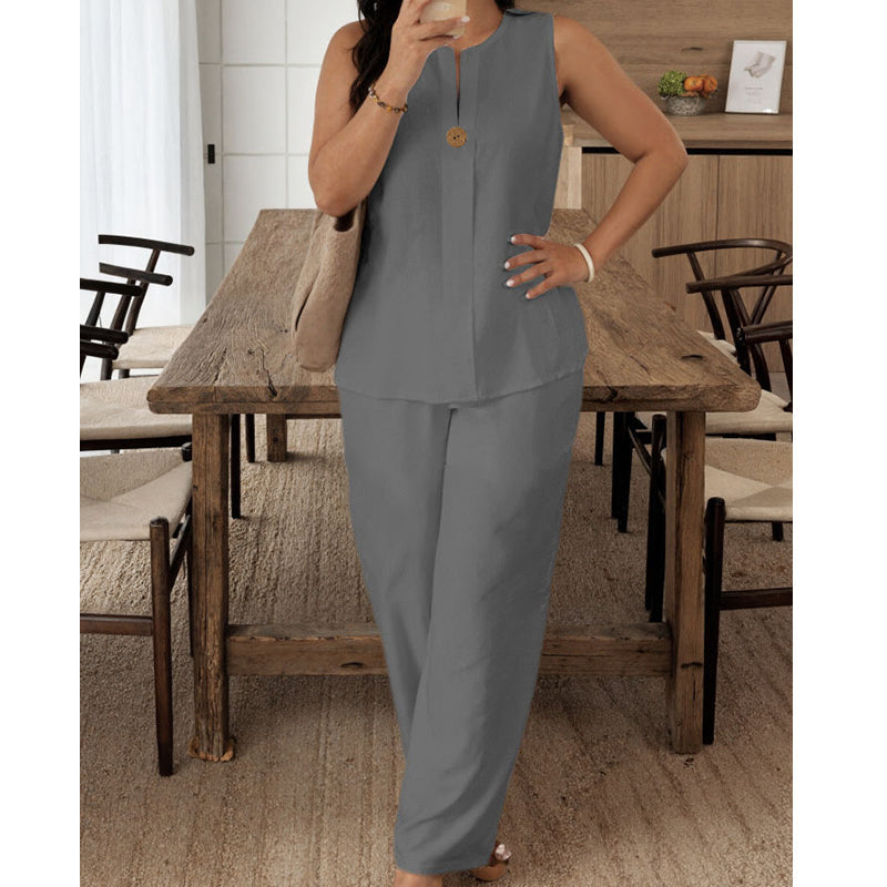 🌿 Set de damă din două piese: maiou fără mâneci + pantaloni cu croi larg-6