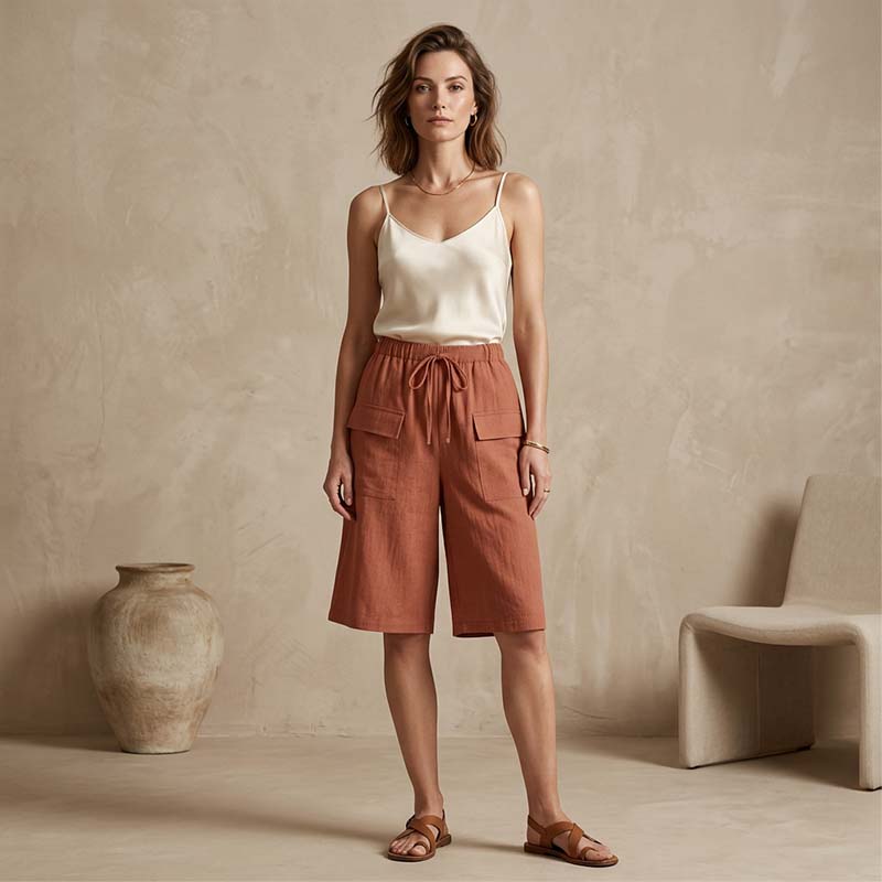 Pantaloni scurți casual din bumbac și in pentru femei-10
