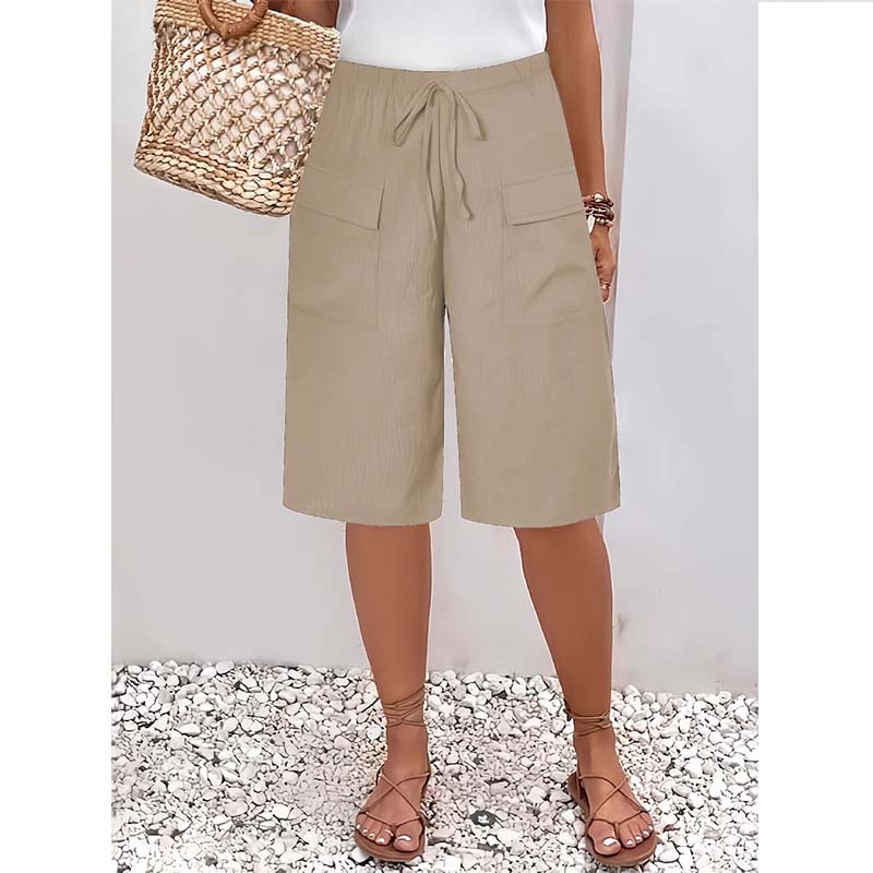 Pantaloni scurți casual din bumbac și in pentru femei-5