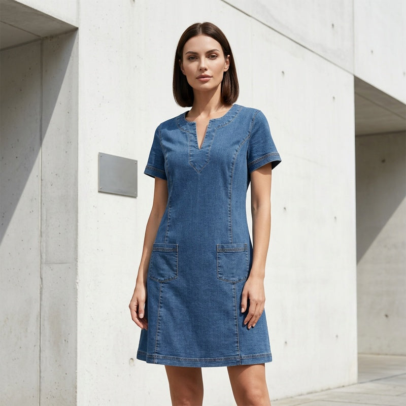 Rochie din denim pentru femei, cu decolteu în V-5