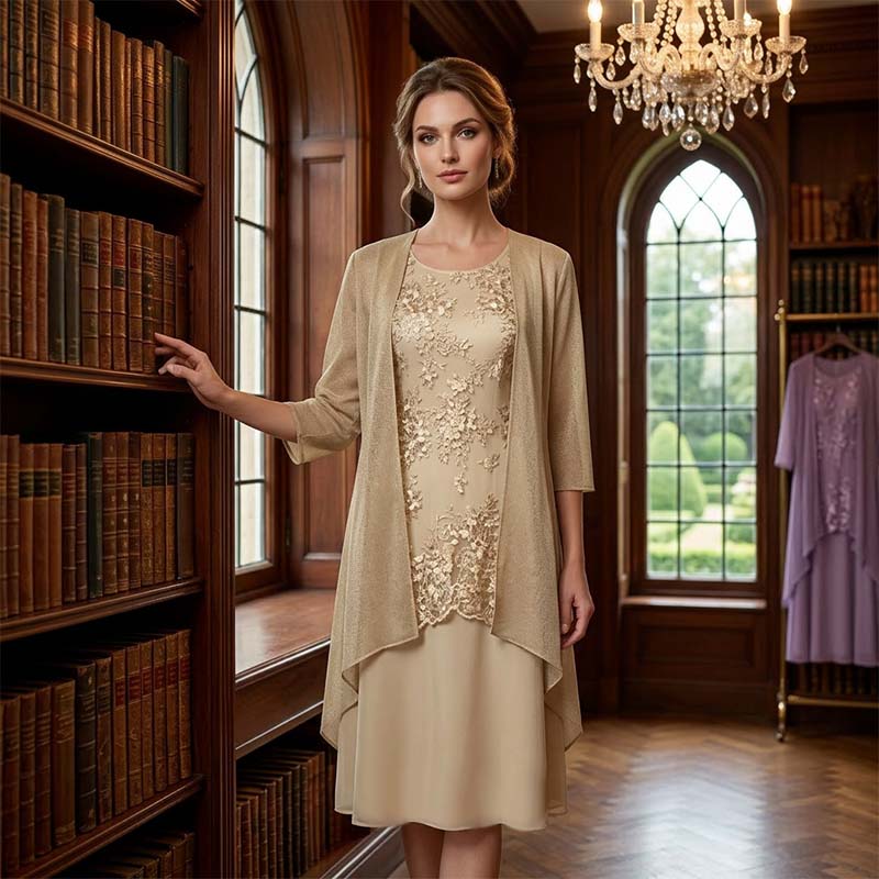 Set de rochie de gală până la genunchi și cardigan pentru femei-12