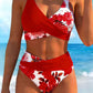 Set de bikini cu talie înaltă și imprimeu pentru femei, asortat cu sandale confortabile din tricot