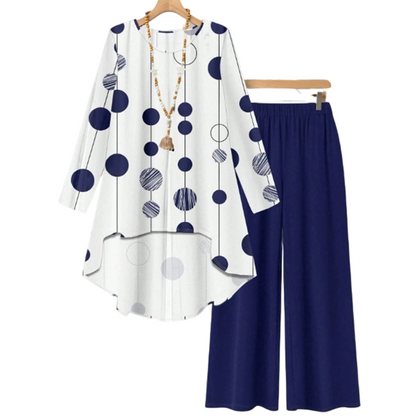 Bluză modernă cu imprimeu, mânecă lungă și pantaloni, set