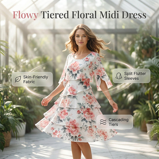 Rochie elegantă din șifon cu imprimeu floral și volane stratificate