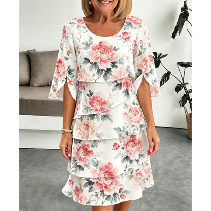 Rochie elegantă din șifon cu imprimeu floral și volane stratificate