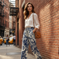 Pantaloni jogger cu talie înaltă, model floral vintage