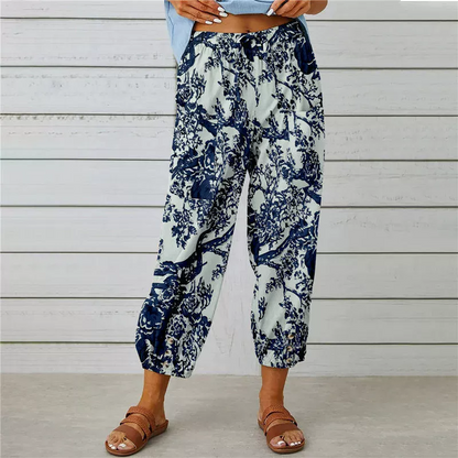 Pantaloni jogger cu talie înaltă, model floral vintage