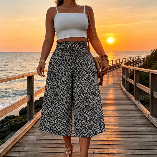 Pantaloni Capri cu talie înaltă, elastici, cu picior larg, pentru femei