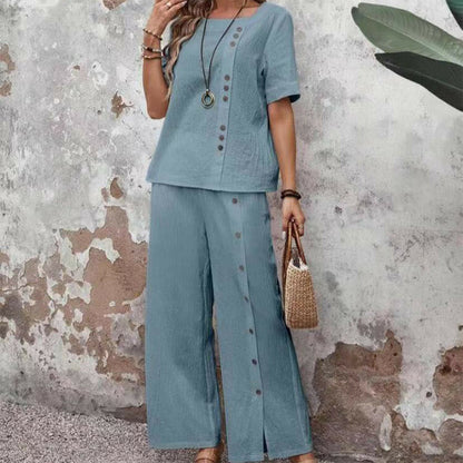 Set de 2 piese: Bluză casual pentru femei și pantaloni cu picior larg