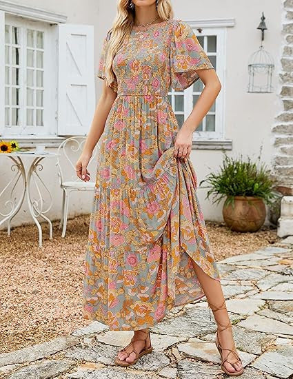 🌷🌸Rochie maxi vaporoasă cu talie înaltă, imprimeu floral, mâneci scurte evazate, guler rotund, elastică, pentru vară 2026