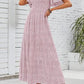 🌷🌸Rochie maxi vaporoasă cu talie înaltă, imprimeu floral, mâneci scurte evazate, guler rotund, elastică, pentru vară 2026