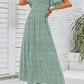 🌷🌸Rochie maxi vaporoasă cu talie înaltă, imprimeu floral, mâneci scurte evazate, guler rotund, elastică, pentru vară 2026