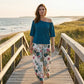 Set de top cu umerii goi și pantaloni largi cu imprimeu floral pentru femei