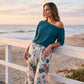 Set de top cu umerii goi și pantaloni largi cu imprimeu floral pentru femei