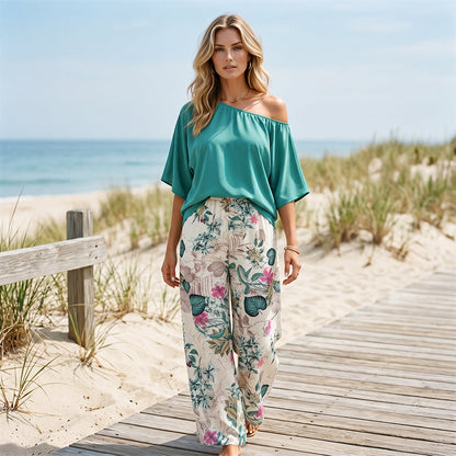 Set de top cu umerii goi și pantaloni largi cu imprimeu floral pentru femei