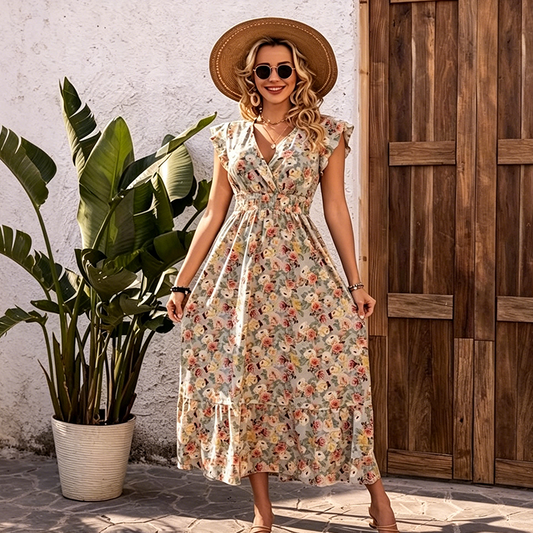 Rochie pentru femei cu decolteu în V, talie elastică și imprimeu floral
