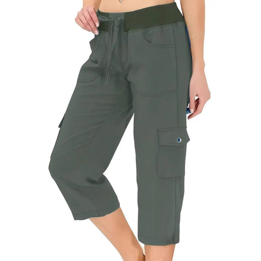 Pantaloni cargo 3/4 cu talie înaltă și șnur, culoare uni, pentru femei