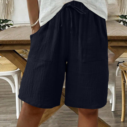 Pantaloni scurți din bumbac și in, cu talie înaltă și elastică, pentru femei