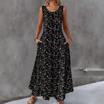 Rochie maxi fără mâneci, cu imprimeu floral și buzunare, pentru femei