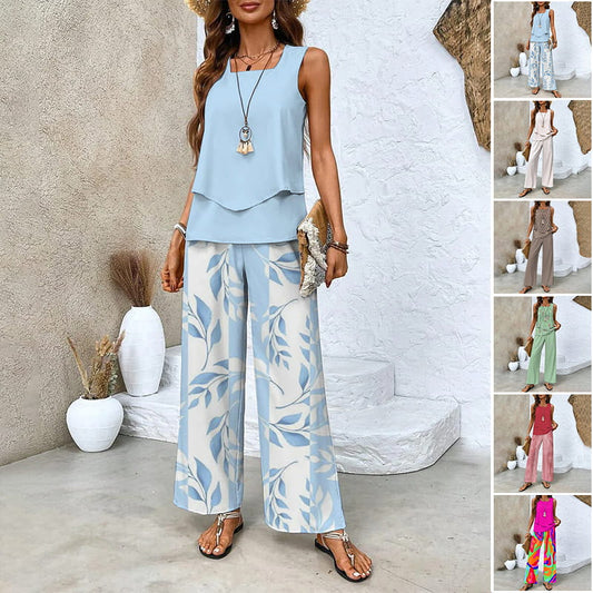 Set de 2 piese pentru femei, cu imprimeu modern, top fără mâneci și pantaloni