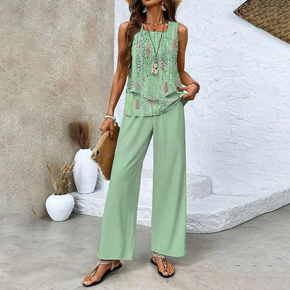 Set de 2 piese pentru femei, cu imprimeu modern, top fără mâneci și pantaloni