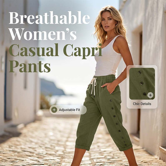 Pantaloni Capri Casual pentru Femei cu Butoane Laterale