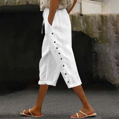 Pantaloni Capri Casual pentru Femei cu Butoane Laterale