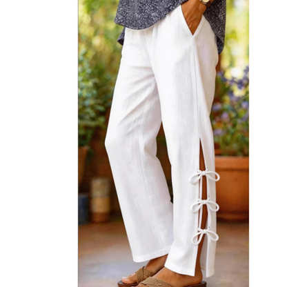 Pantaloni Casual cu Detaliu de Fundă și Culoare Uniformă