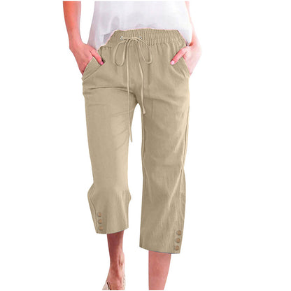 Pantaloni capri din bumbac și in, cu șnur, pentru femei