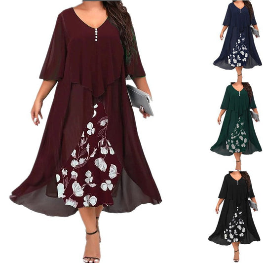Rochie Chiffon Falsă Două Piese, cu Mânecă Medie și Croială Neregulată pentru Femei