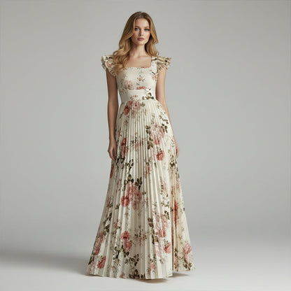 Rochie maxi plisată cu imprimeu floral elegant