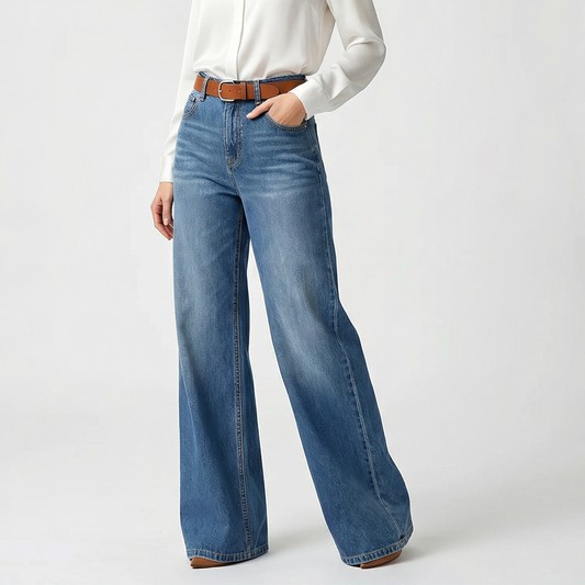 Blugi Denim cu Talie Înaltă și Picioare Late pentru Femei