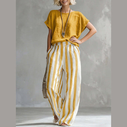 Bluză Casual Uni pentru Femei & Pantaloni Evazați cu Dungi