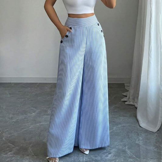 Pantaloni cu talie înaltă, dungi și picior larg